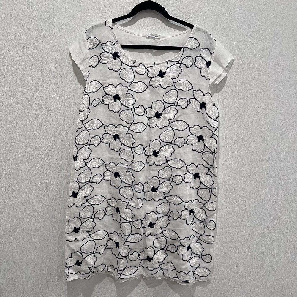 Made In Italy 100% Linen Dress Large Coastal Grandma Floral Beach Embroidered - Picture 2 of 8